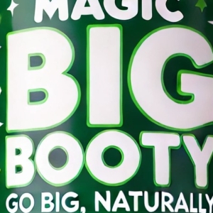 Green bottle with 'Magic Big Booty' logo and slogan 'Go Big, Naturally!' A clean, modern look, with graphics of olive oil, collagen, grape seed oil, and maca root representing natural ingredients.