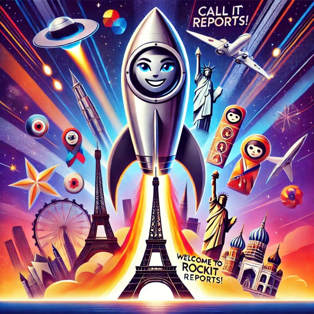 Style Medium Clean, minimalistic digital illustration with bold accents. A futuristic rocket in a stylized, simplified form, soaring diagonally across the canvas. The rocket’s trail forms a vibrant, multi-colored gradient ribbon that transitions into symbols of global exploration—icons like a globe, passport stamps, and travel suitcases. A subtle gradient from deep indigo to light teal, symbolizing the transition from outer space to the world below. Faint outlines of continents are subtly integrated into the background for a global touch. Text Centered, with “Welcome to Rockit Reports!” in sleek, sans-serif typography at the top and “Blast off into exploration and adventure” below in a complementary font.