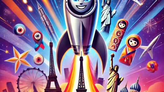 Style Medium Clean, minimalistic digital illustration with bold accents. A futuristic rocket in a stylized, simplified form, soaring diagonally across the canvas. The rocket’s trail forms a vibrant, multi-colored gradient ribbon that transitions into symbols of global exploration—icons like a globe, passport stamps, and travel suitcases. A subtle gradient from deep indigo to light teal, symbolizing the transition from outer space to the world below. Faint outlines of continents are subtly integrated into the background for a global touch. Text Centered, with “Welcome to Rockit Reports!” in sleek, sans-serif typography at the top and “Blast off into exploration and adventure” below in a complementary font.