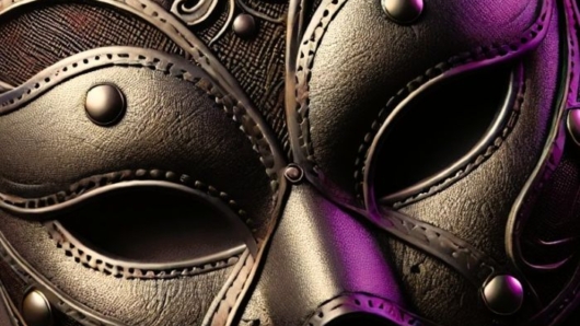 A highly detailed logo inspired by mystery and elegance, featuring a sleek, abstract black leather mask shape with intricate textures, elegant curves,