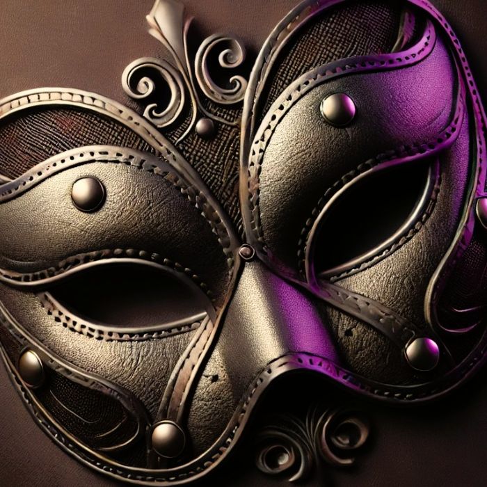 A highly detailed logo inspired by mystery and elegance, featuring a sleek, abstract black leather mask shape with intricate textures, elegant curves,